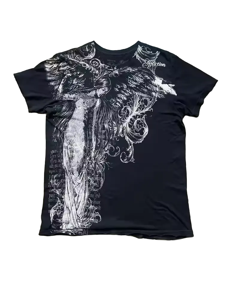 Angel Tee - black oversized tee with dark angel wing graphic and gothic scripture print