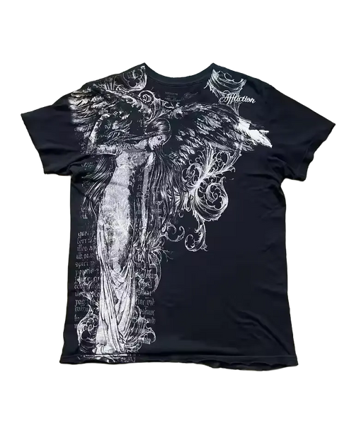 Angel Tee - black oversized tee with dark angel wing graphic and gothic scripture print