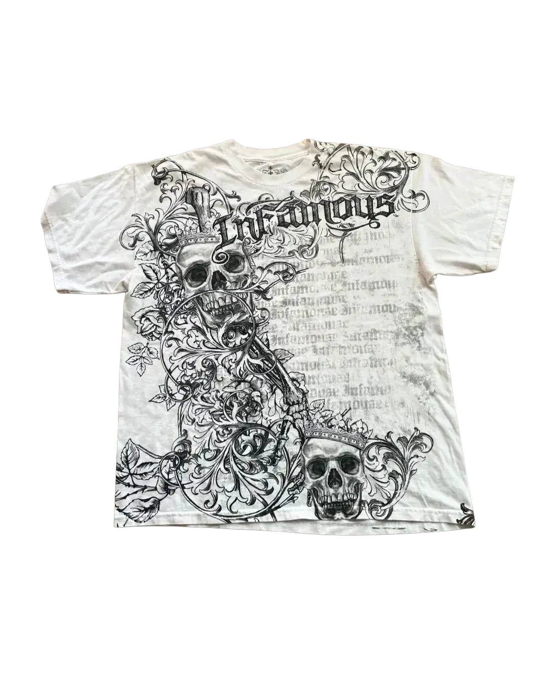 Infamous Skull Graphic Tee - all-over skull and baroque print on white oversized tee
