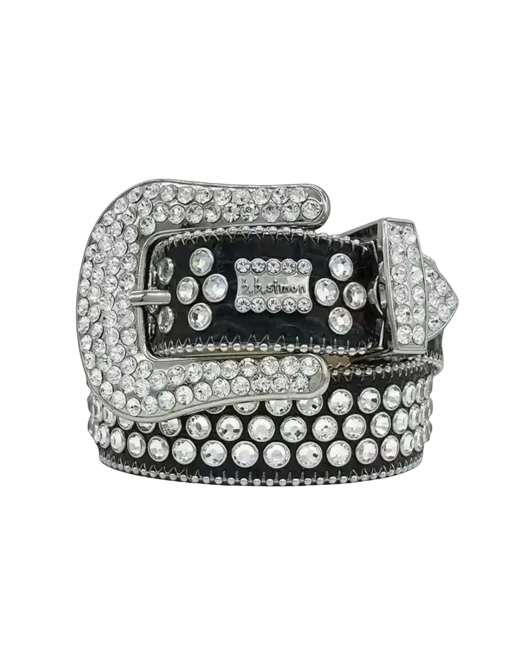 Regalia Belt - black belt fully encrusted in clear rhinestones with oversized rhinestone buckle