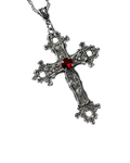 Sanguine Necklace - antique silver baroque cross pendant with blood red gemstone center on silver chain