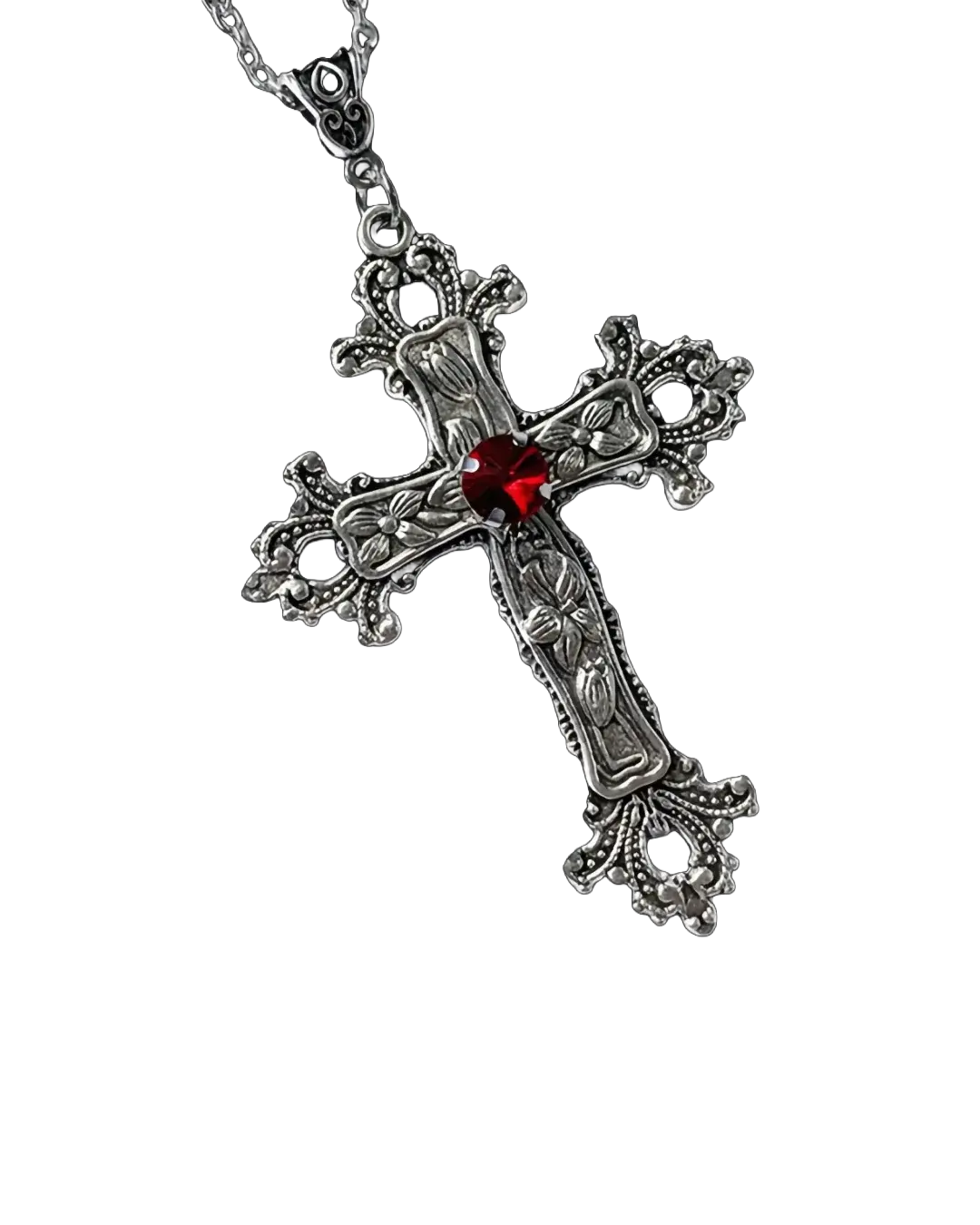 Sanguine Necklace - antique silver baroque cross pendant with blood red gemstone center on silver chain