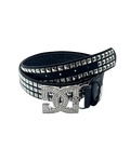 Sovereign Belt - black faux leather belt with triple-row pyramid studs and rhinestone logo buckle