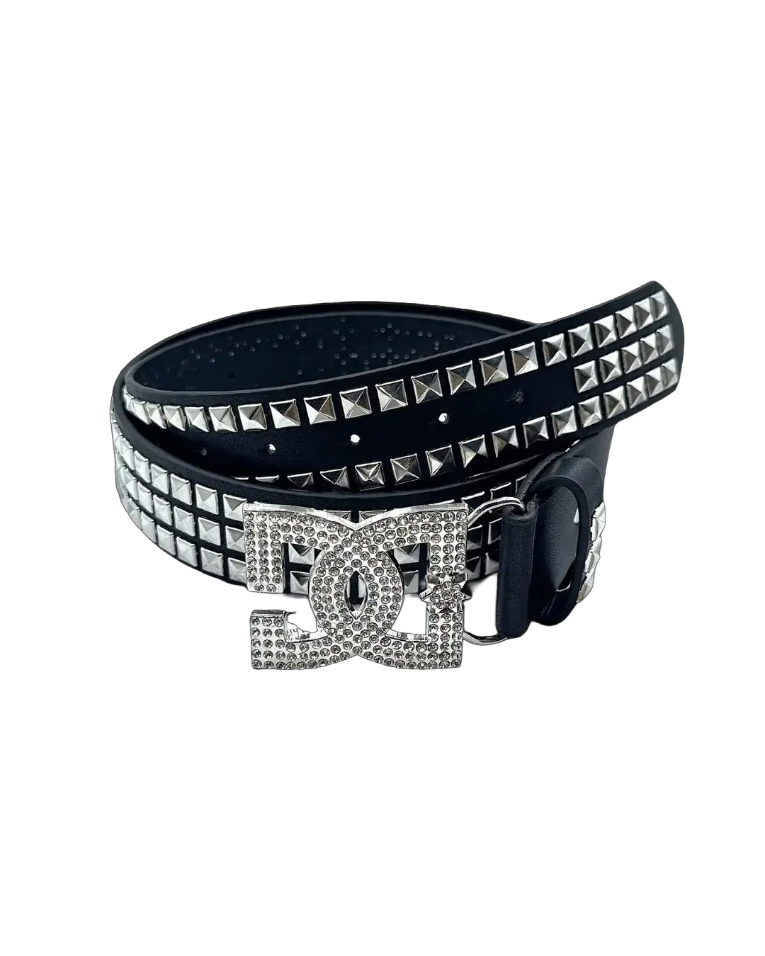 Sovereign Belt - black faux leather belt with triple-row pyramid studs and rhinestone logo buckle