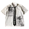 Syne Gothic Script Shirt - white button-up with gothic scripture print and chain tie graphic