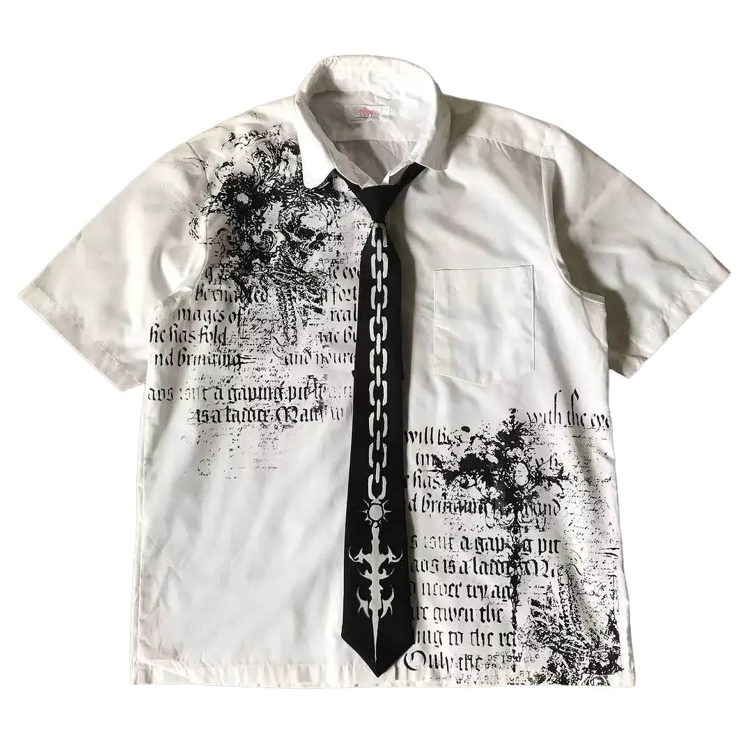 Syne Gothic Script Shirt - white button-up with gothic scripture print and chain tie graphic