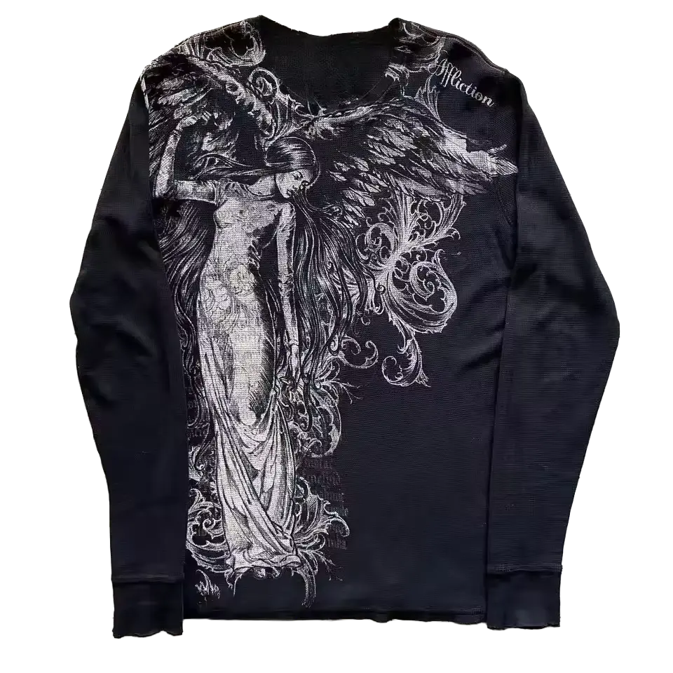Angel Longsleeve - black thermal long sleeve with dark angel wing graphic and gothic scripture print