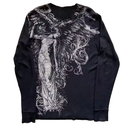Angel Longsleeve - black thermal long sleeve with dark angel wing graphic and gothic scripture print