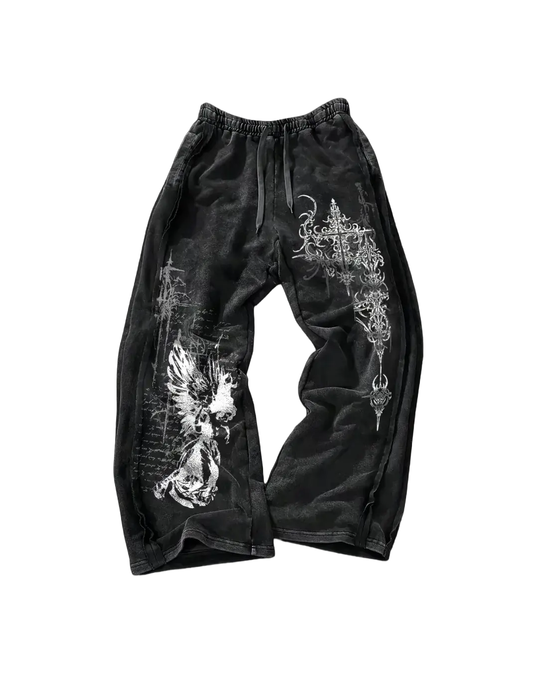 Angelic Sweats - washed black sweatpants with winged angel, gothic cross and script print
