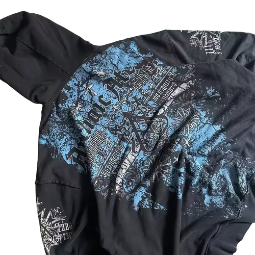 Arcane Hoodie back - blue gothic script and baroque detailing on black hoodie