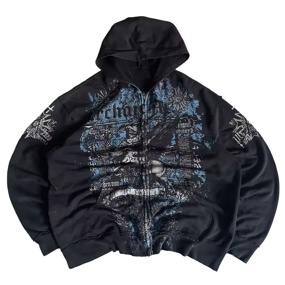 Arcane Hoodie front - oversized black zip-up with blue gothic script and sun cross graphic