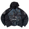 Arcane Hoodie front - oversized black zip-up with blue gothic script and sun cross graphic