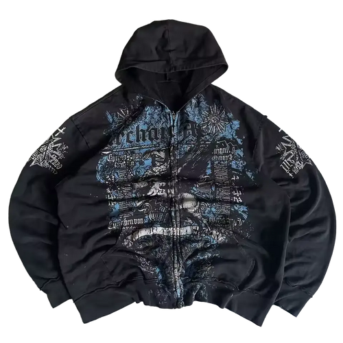 Arcane Hoodie front - oversized black zip-up with blue gothic script and sun cross graphic