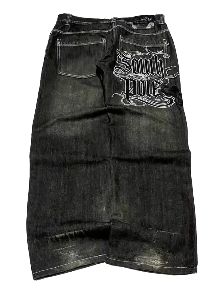 Blackout Jeans - washed black South Pole baggy denim with gothic script embroidery on back pocket
