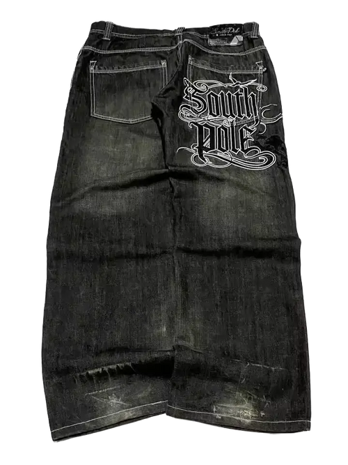 Blackout Jeans - washed black South Pole baggy denim with gothic script embroidery on back pocket