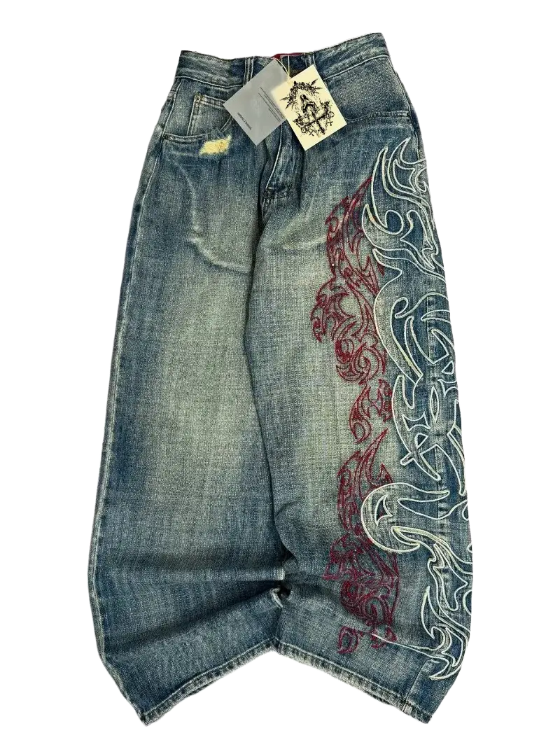 Bloodline Jeans - washed blue baggy denim with red and white tribal flame embroidery down the leg