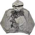 Chained Hoodie - grey zip-up with winged skull, nautical star, chains and gothic cross graphic