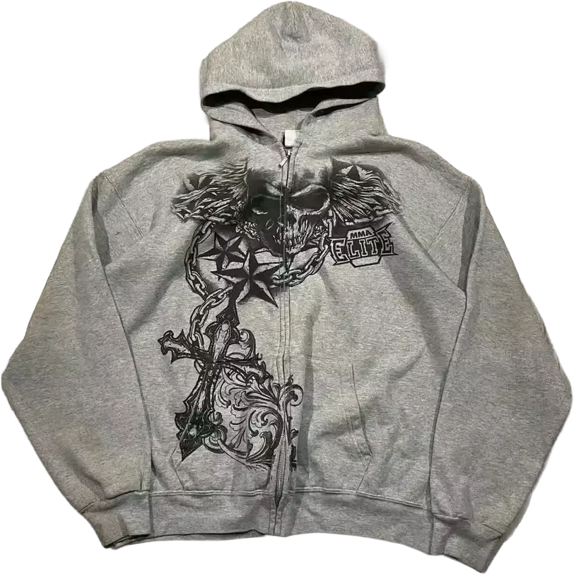 Chained Hoodie - grey zip-up with winged skull, nautical star, chains and gothic cross graphic