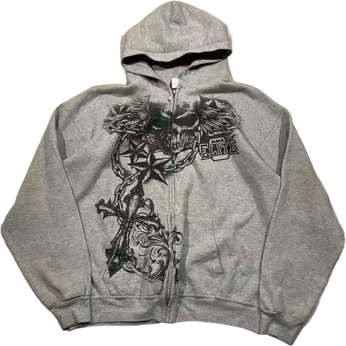 Chained Hoodie - grey zip-up with winged skull, nautical star, chains and gothic cross graphic