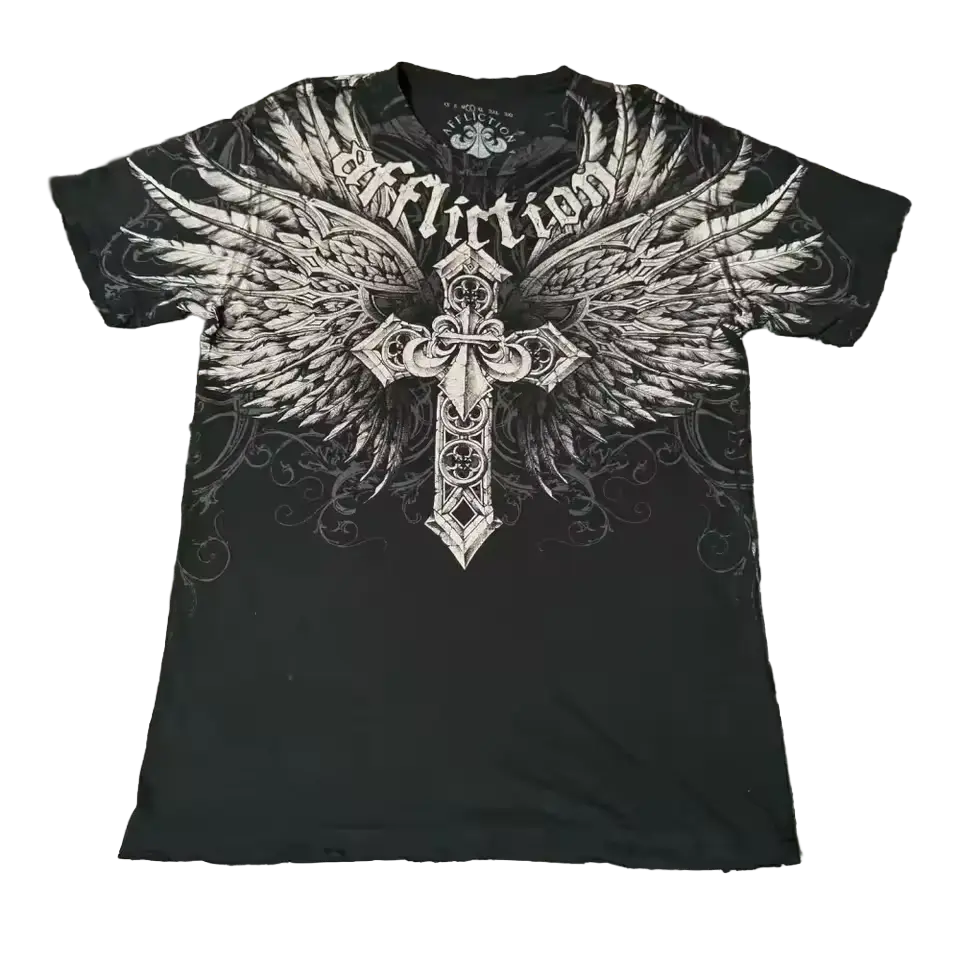 Cinder Tee - black fitted tee with Affliction winged cross and baroque gothic graphic