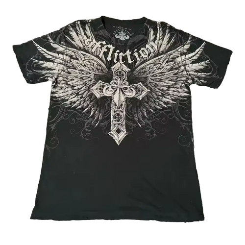 Cinder Tee - black fitted tee with Affliction winged cross and baroque gothic graphic