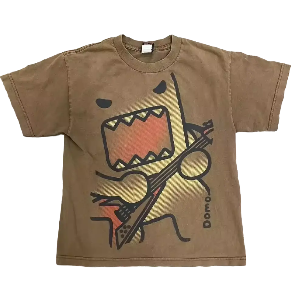 Domo Tee - washed brown tee with Domo playing electric guitar graphic