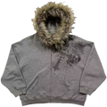 Idle Time Hoodie flat lay - grey zip-up with faux fur hood and skull winged cross graphic