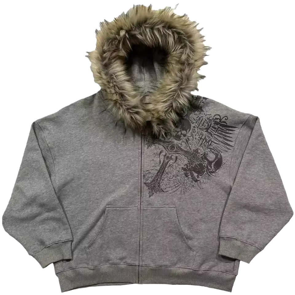 Idle Time Hoodie flat lay - grey zip-up with faux fur hood and skull winged cross graphic