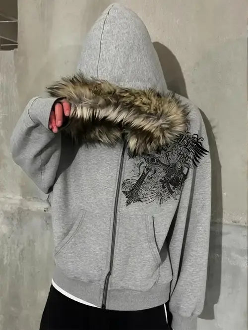 Idle Time Hoodie on model - grey zip-up with faux fur trim hood