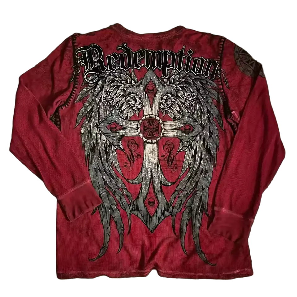 Redemption Longsleeve - washed crimson thermal with winged cross and gothic Redemption lettering