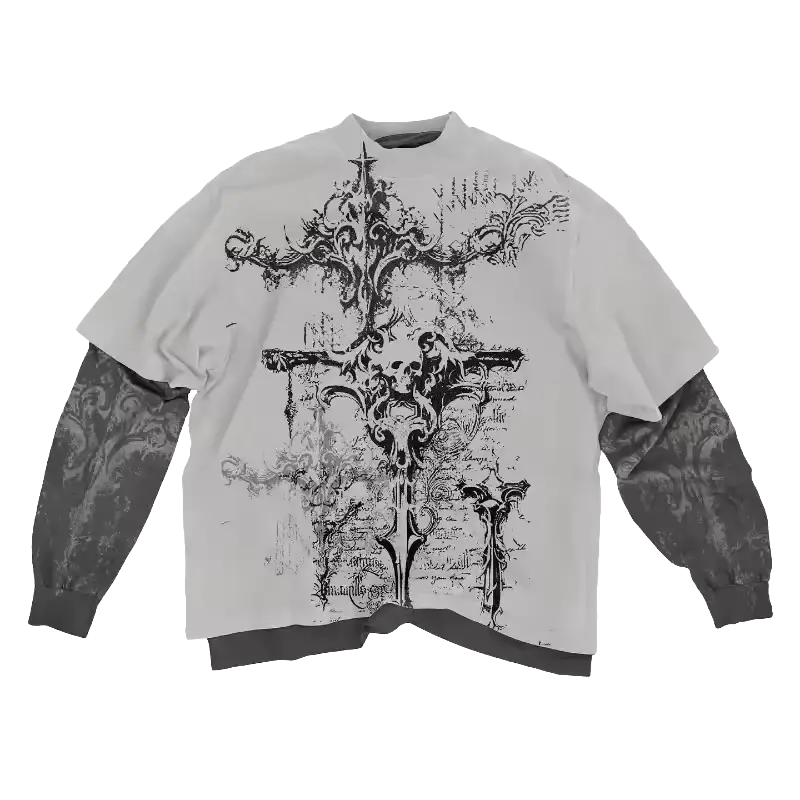 Requiem - double layer mock neck with baroque skull cross and gothic script graphic