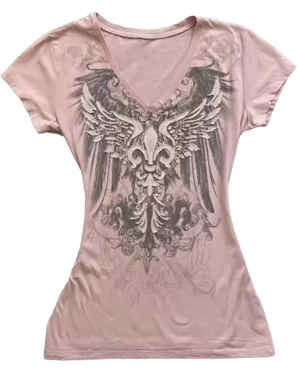 Seraphine - dusty pink v-neck tee with winged fleur-de-lis and baroque scrollwork graphic