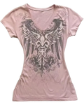 Seraphine - dusty pink v-neck tee with winged fleur-de-lis and baroque scrollwork graphic