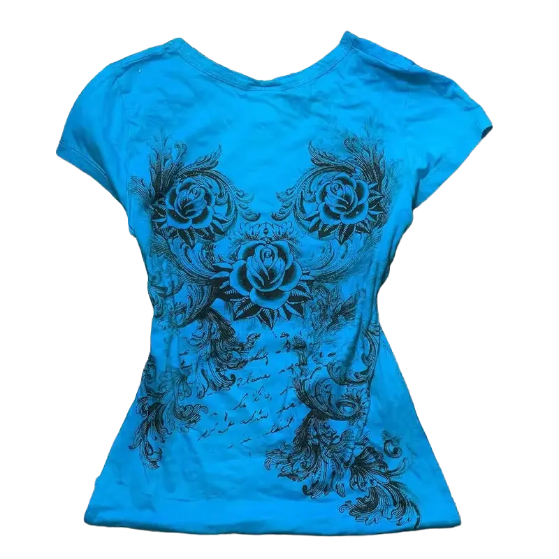 Spyro Tee back - turquoise tee with triple rose gothic print