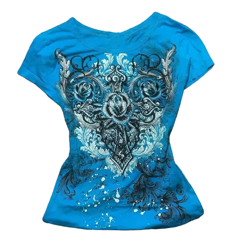 Spyro Tee front - turquoise tee with baroque cross and rose graphic