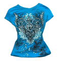 Spyro Tee front - turquoise tee with baroque cross and rose graphic