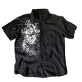 Valor Gothic Script Shirt - black button-up with white gothic scripture and baroque floral graphic