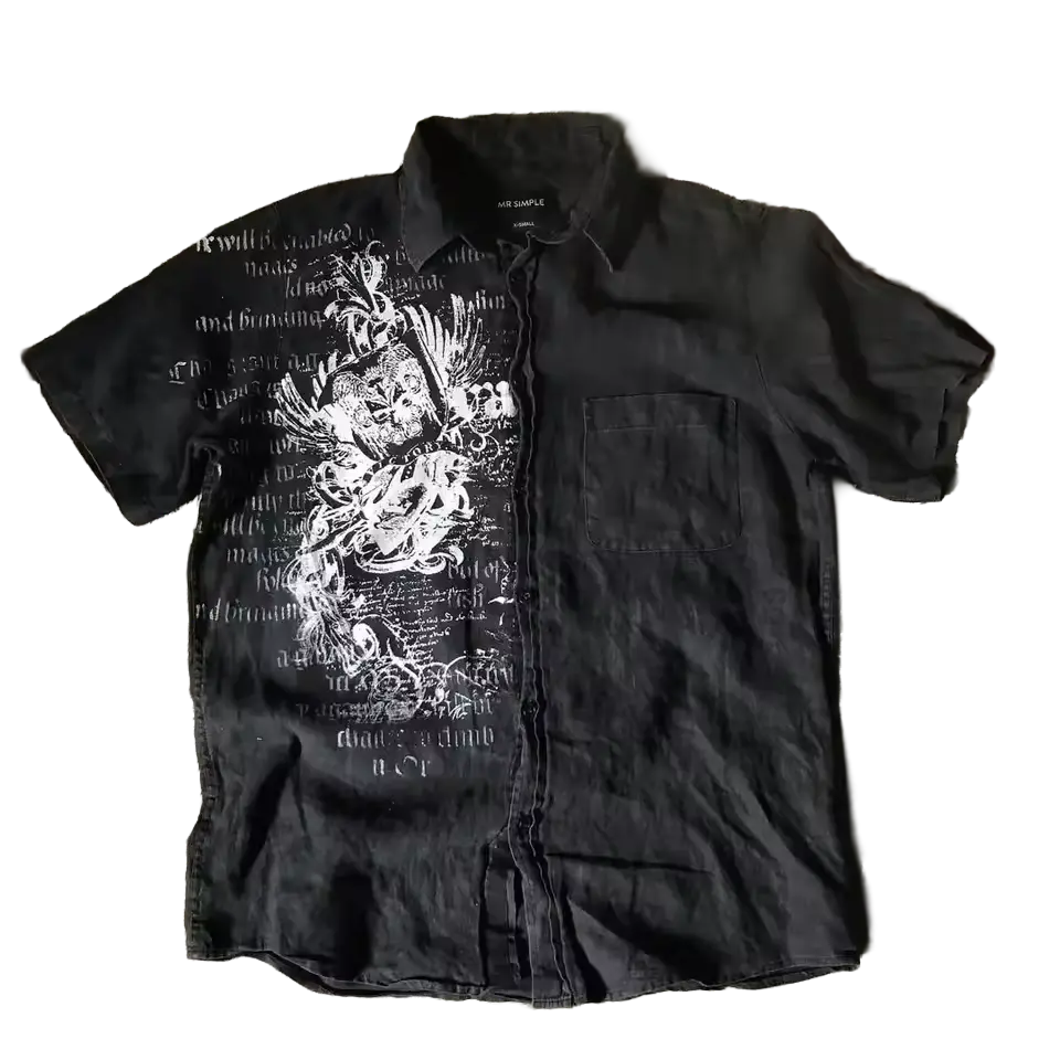 Valor Gothic Script Shirt - black button-up with white gothic scripture and baroque floral graphic