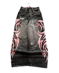 Venom Jeans - dark washed baggy denim with pink and black tribal flame print on both sides