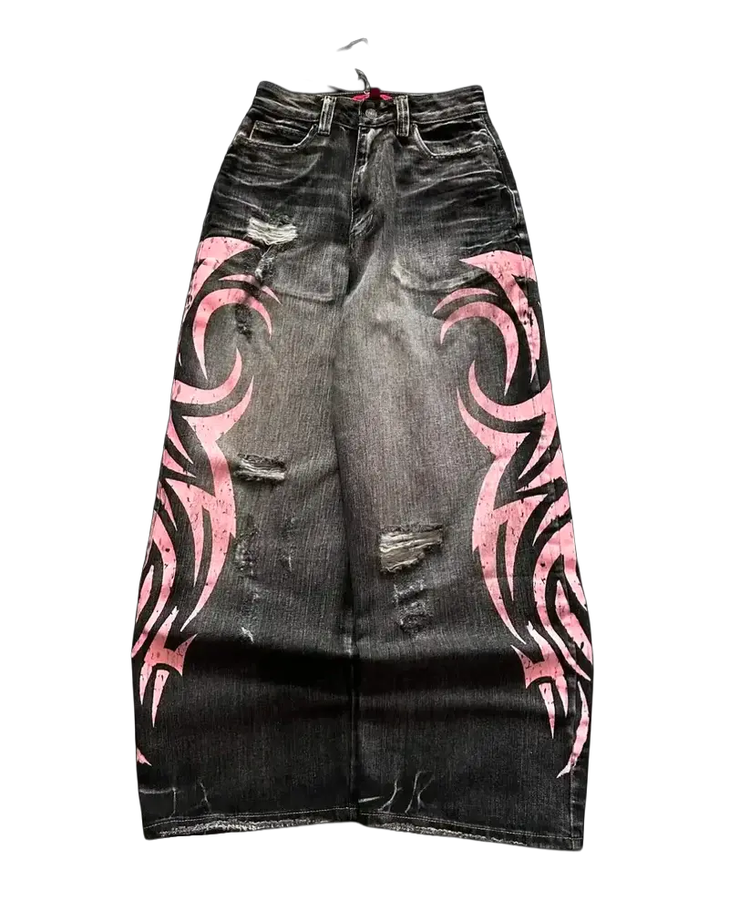 Venom Jeans - dark washed baggy denim with pink and black tribal flame print on both sides