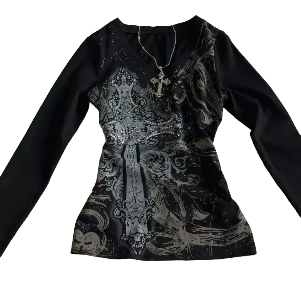 Vesper Longsleeve - black fitted long sleeve with rhinestone baroque cross, scrollwork and skull graphic