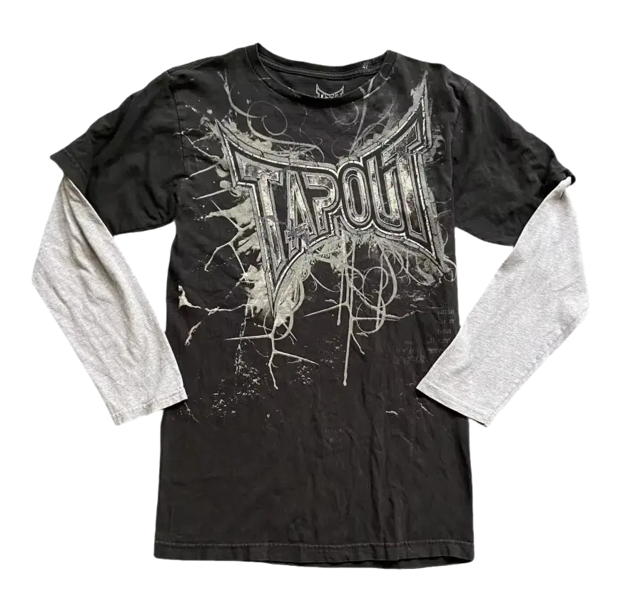 Voltage Tee front - black double layer long sleeve with Tapout gothic logo and paint splatter
