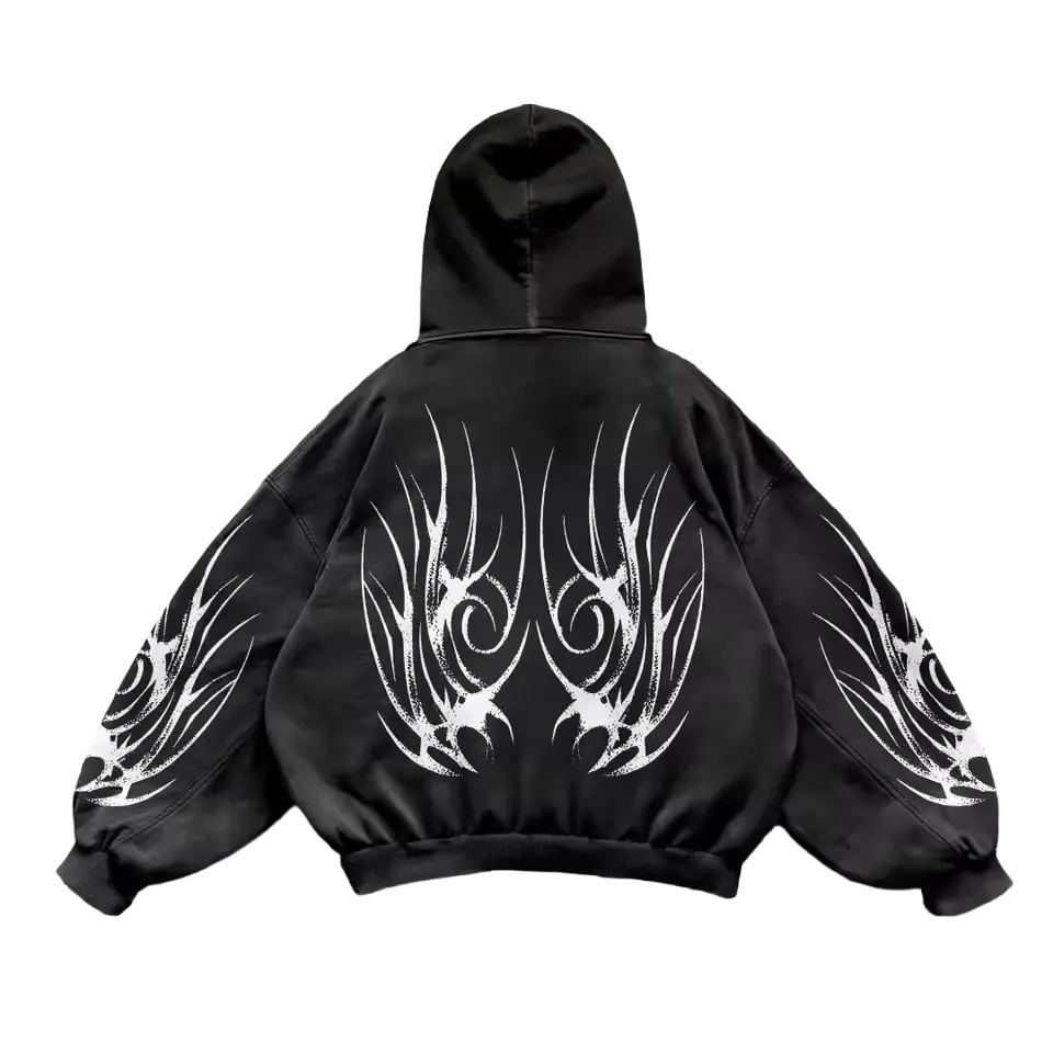 Wraith Hoodie back - full white tribal tattoo print on washed black hoodie