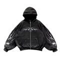 Wraith Hoodie front - washed black zip-up with white tribal tattoo chest and sleeve print