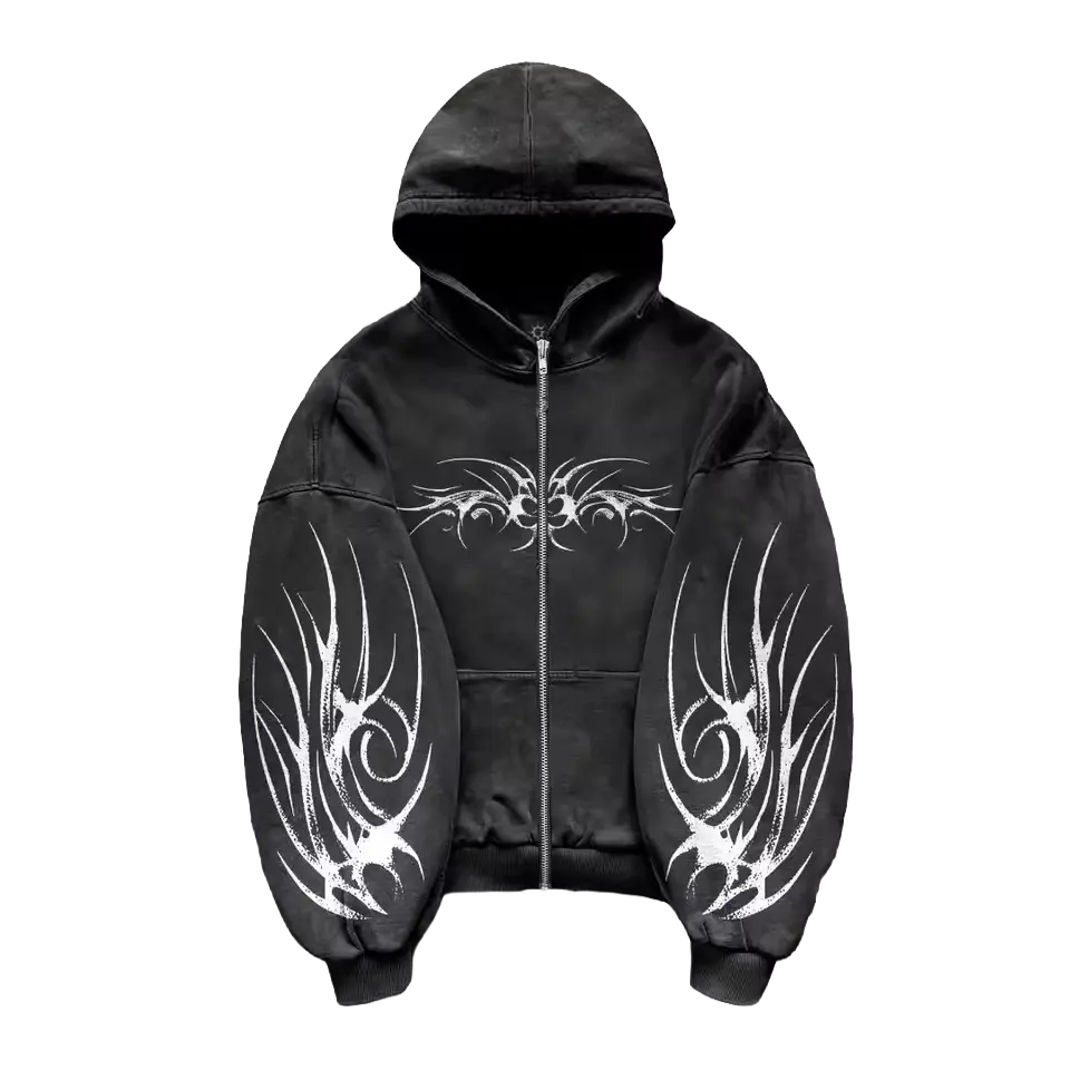 Wraith Hoodie side angle - tribal sleeve detail on washed black zip-up