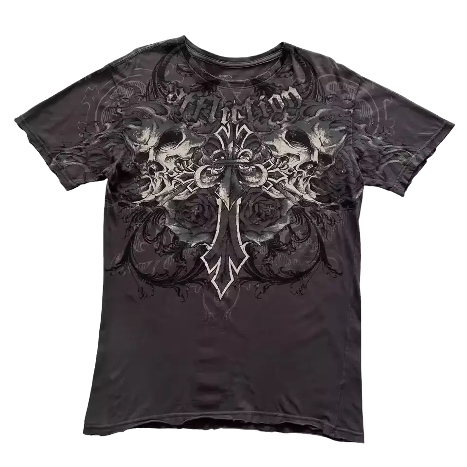 Wrath Tee - washed charcoal tee with triple skull winged cross and baroque gothic graphic